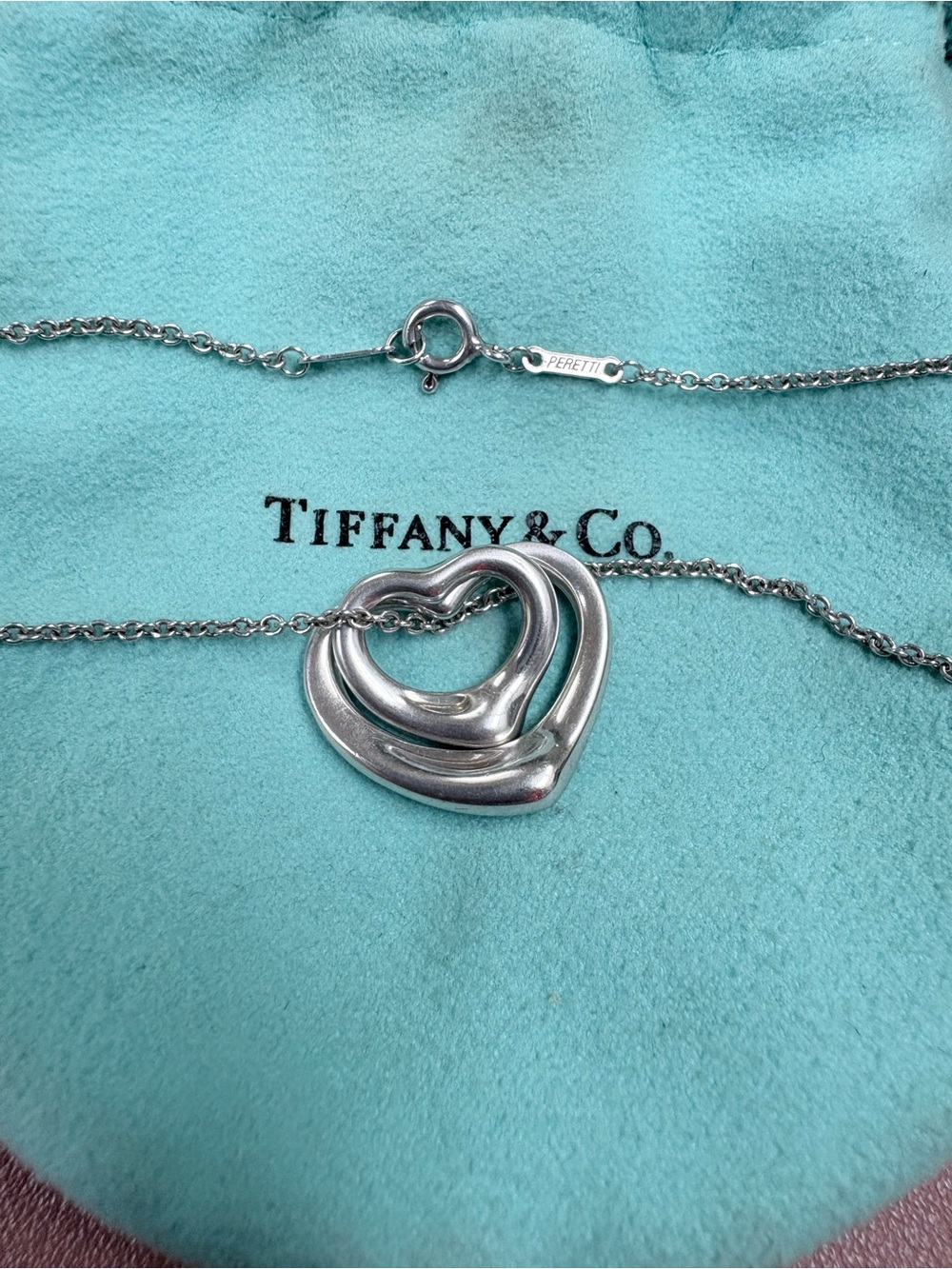 Tiffany & Co. Sterling Silver Elsa Peretti Double Open Heart Necklace - LNC